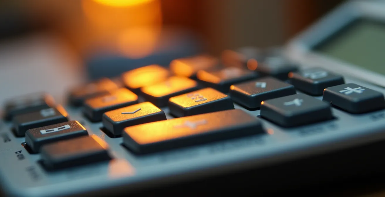 Vue macro d'une calculatrice professionnelle avec des reflets dorés sur les touches