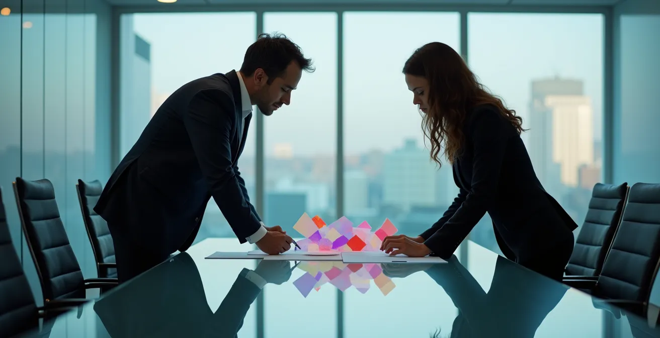 Deux professionnels analysant ensemble des graphiques financiers sur une table en verre