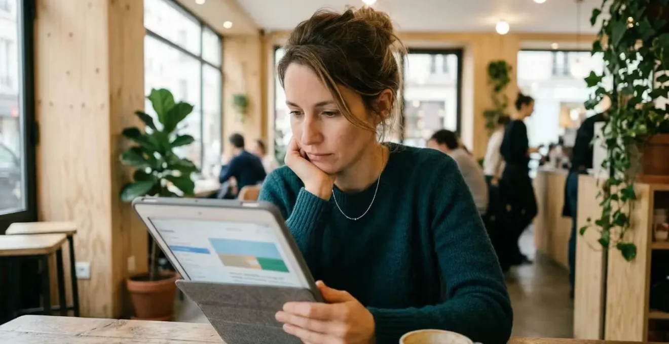 Personne consultant des offres d'assurance crédit sur tablette dans un café