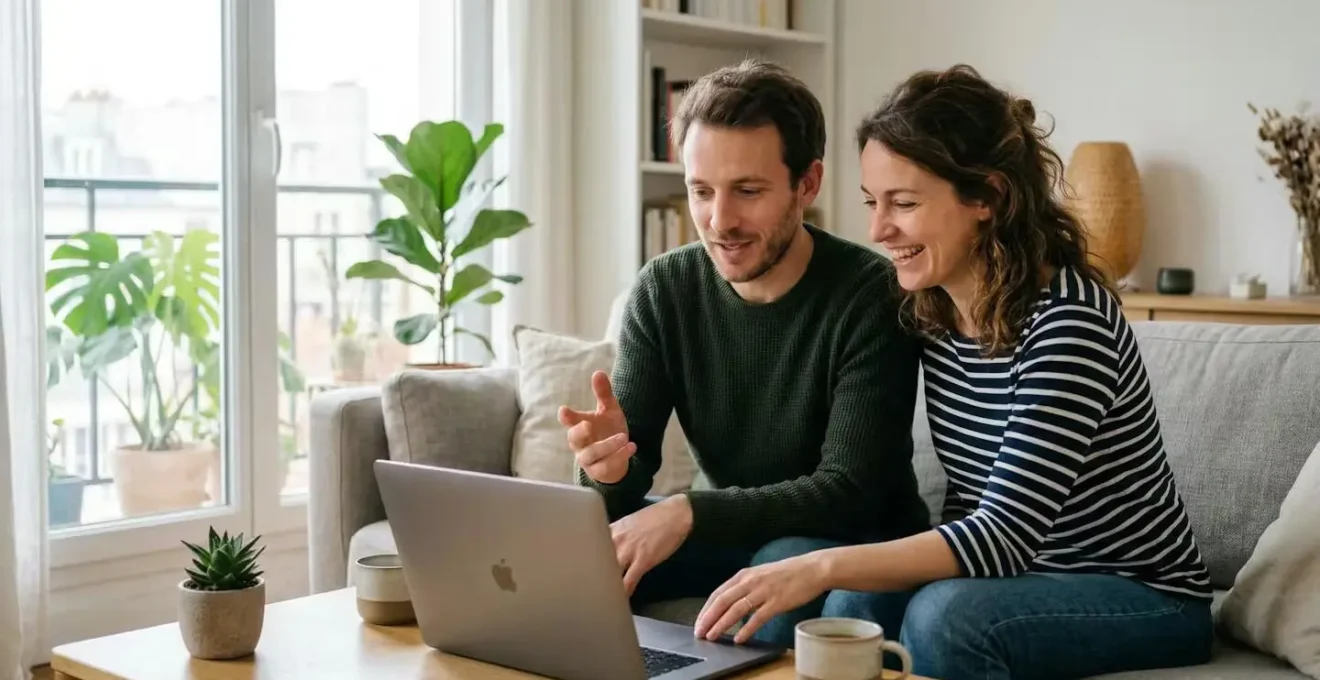 Couple trentenaire consultant une offre de crédit immobilier sur ordinateur portable