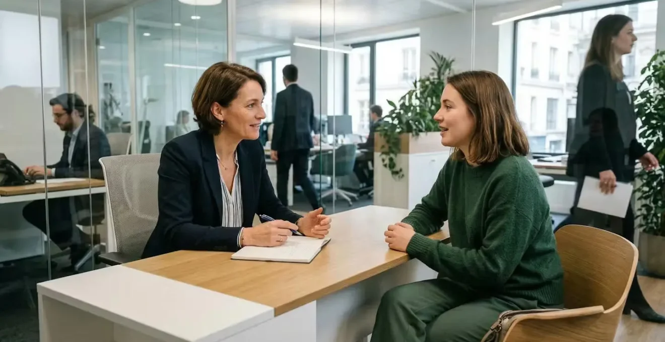 Discussion entre conseiller bancaire et client pour négociation de prêt immobilier