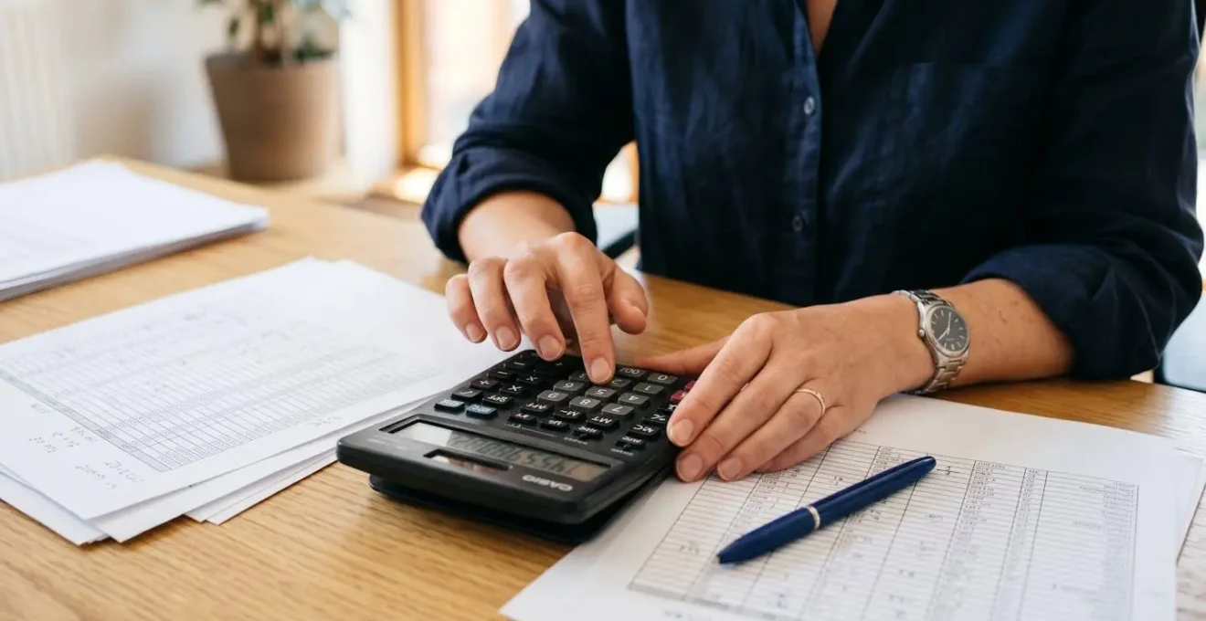 Gros plan sur des mains utilisant une calculatrice posée sur des feuilles de calcul de rentabilité locative