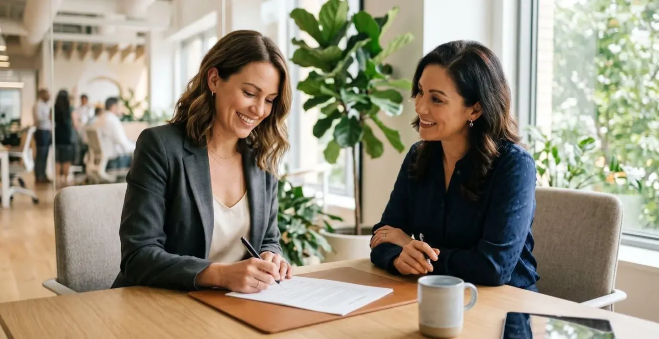 Femme de 35 ans signant un document face à une conseillère bancaire dans un bureau lumineux