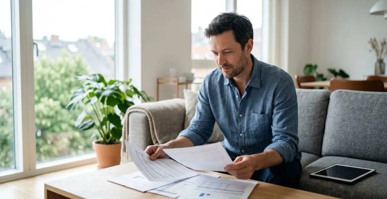 Homme de 40 ans assis dans un canapé gris, consultant des documents bancaires avec une tablette posée sur la table basse