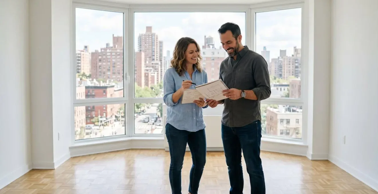 Couple de trentenaires visitant un appartement vide avec vue sur balcon urbain pour un projet d'investissement locatif