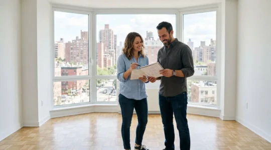 Couple de trentenaires visitant un appartement vide avec vue sur balcon urbain pour un projet d'investissement locatif