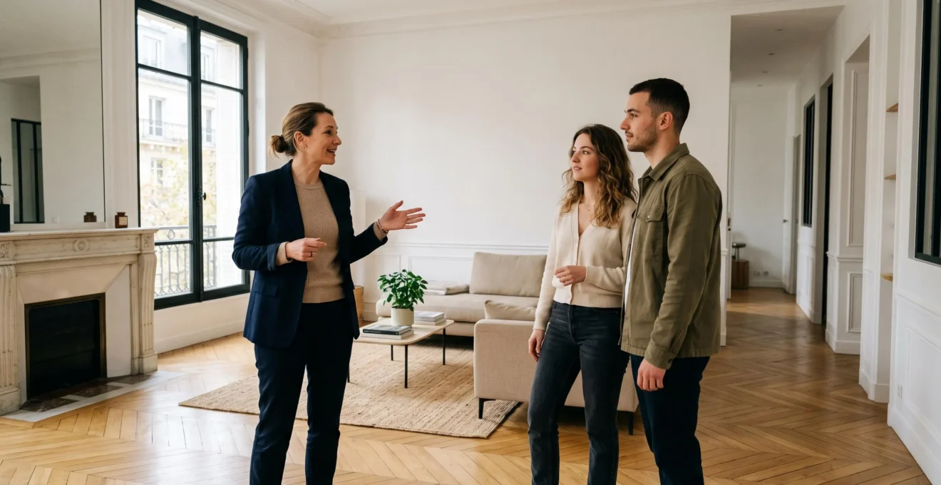 Agent immobilier présentant un appartement à un couple lors d'une visite de bien immobilier en France