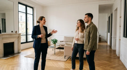 Agent immobilier présentant un appartement à un couple lors d'une visite de bien immobilier en France