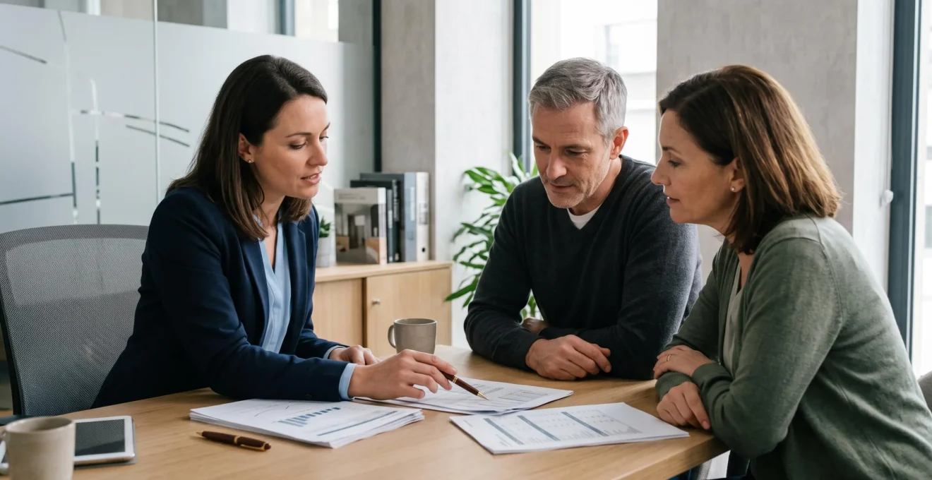 Conseiller en financement immobilier examinant un dossier de prêt avec des clients lors d'un rendez-vous
