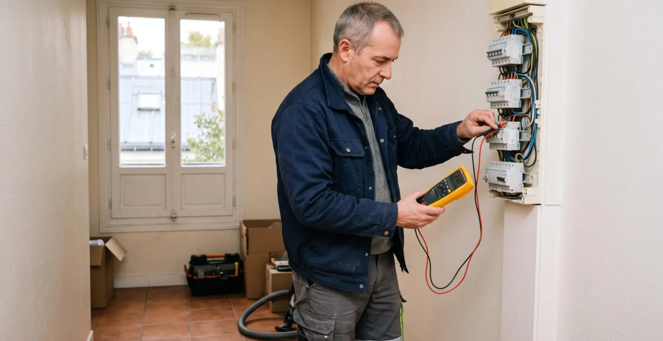 Diagnostiqueur immobilier réalisant une inspection technique d'installation électrique dans un logement