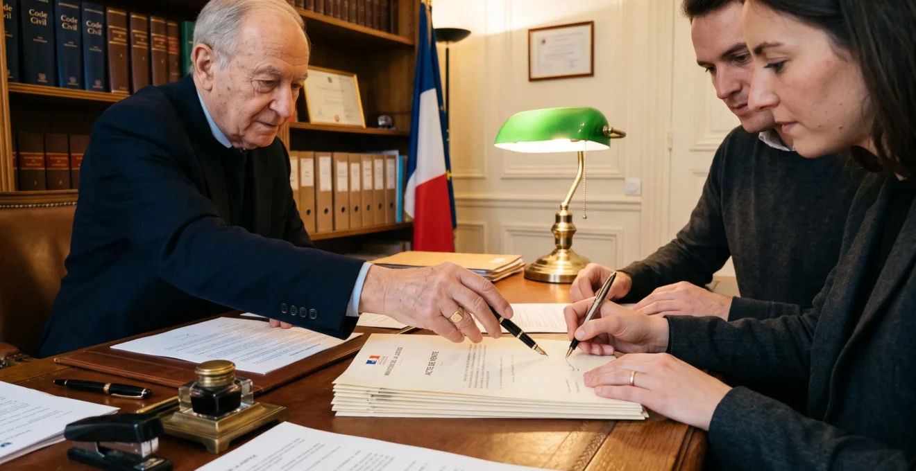 Signature de l'acte de vente immobilier chez le notaire avec mains visibles durant la cérémonie